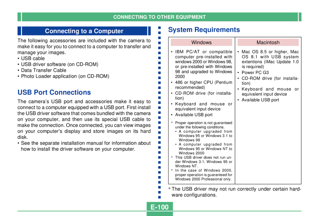 Casio QV-3000EX/Ir manual System Requirements, USB Port Connections, 100, Connecting to a Computer 