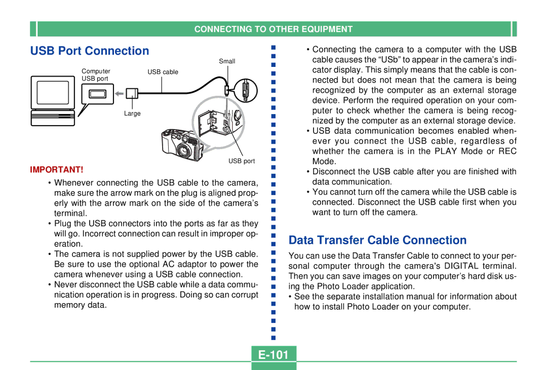 Casio QV-3000EX/Ir manual USB Port Connection, Data Transfer Cable Connection, 101 