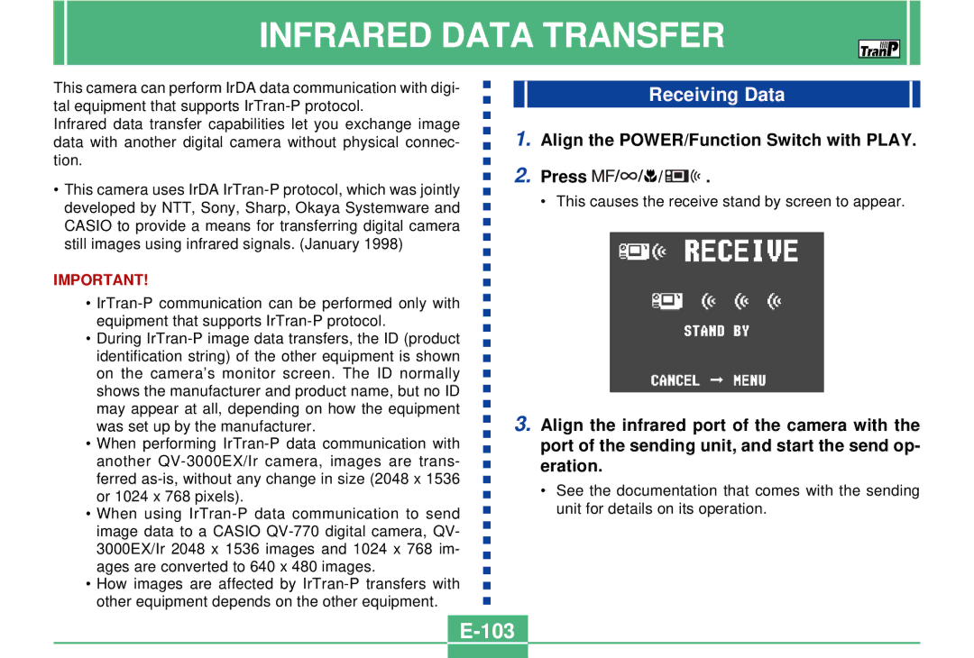 Casio QV-3000EX/Ir manual Infrared Data Transfer, 103, Receiving Data, Align the POWER/Function Switch with Play Press 