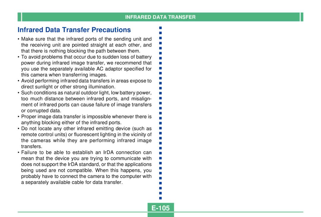 Casio QV-3000EX/Ir manual Infrared Data Transfer Precautions, 105 