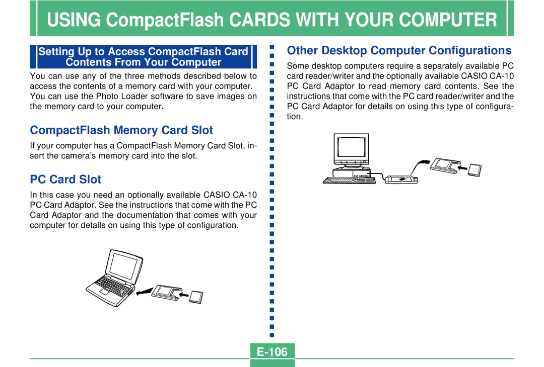 Casio QV-3000EX/Ir manual Other Desktop Computer Configurations, CompactFlash Memory Card Slot, PC Card Slot, 106 