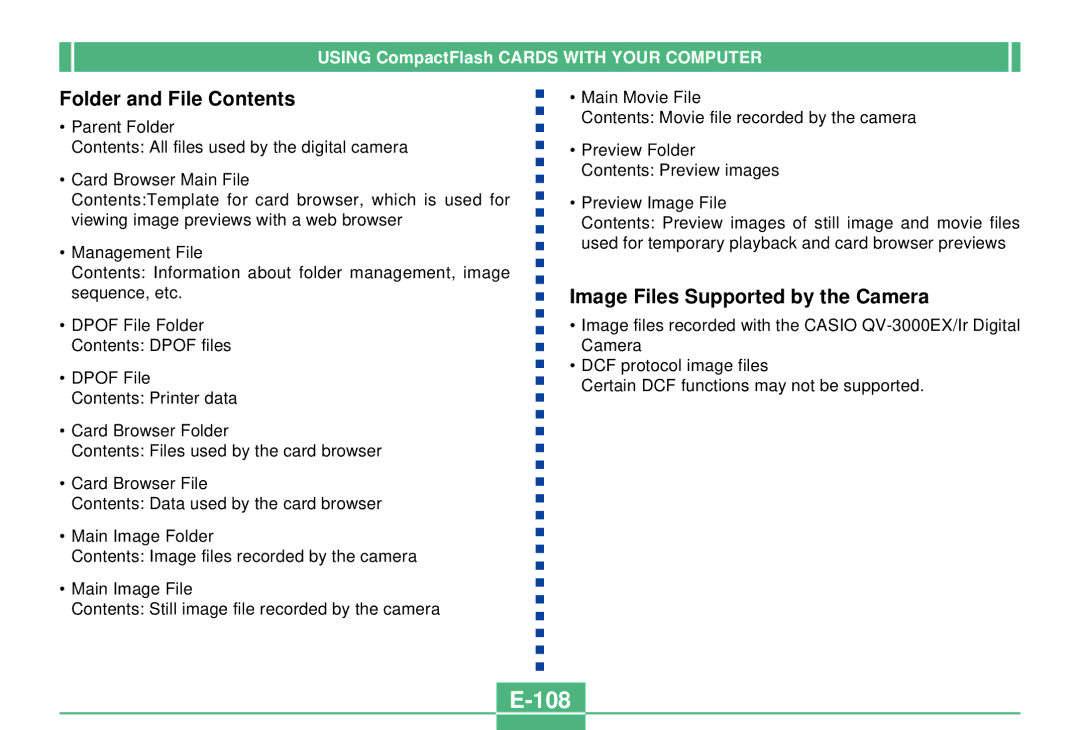 Casio QV-3000EX/Ir manual 108, Folder and File Contents, Image Files Supported by the Camera 