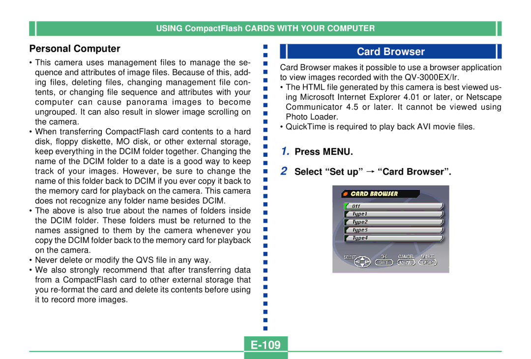 Casio QV-3000EX/Ir manual 109, Personal Computer, Press Menu Select Set up Card Browser 