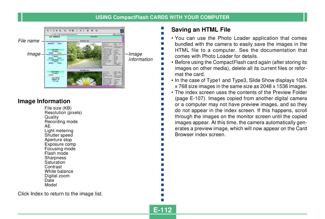 Casio QV-3000EX/Ir manual 112, Image Information, Saving an Html File 