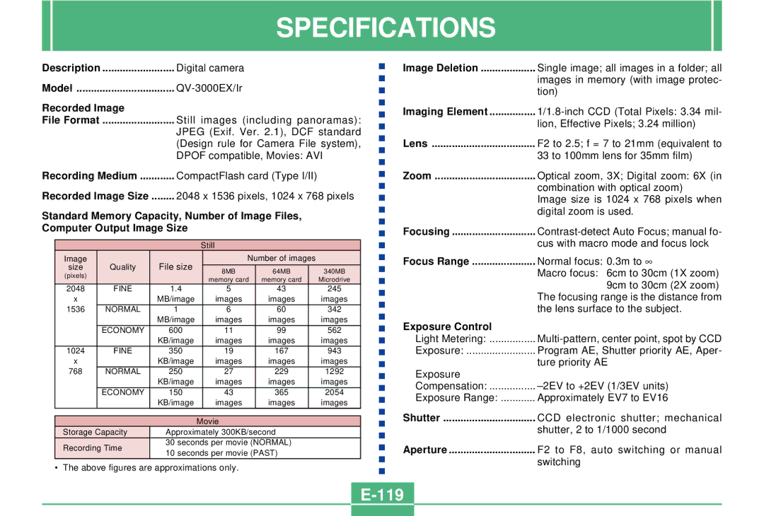 Casio QV-3000EX/Ir manual Specifications, 119, Recorded Image File Format, Recorded Image Size 