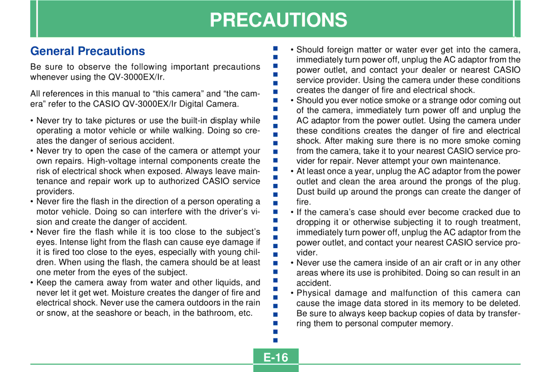 Casio QV-3000EX/Ir manual General Precautions 