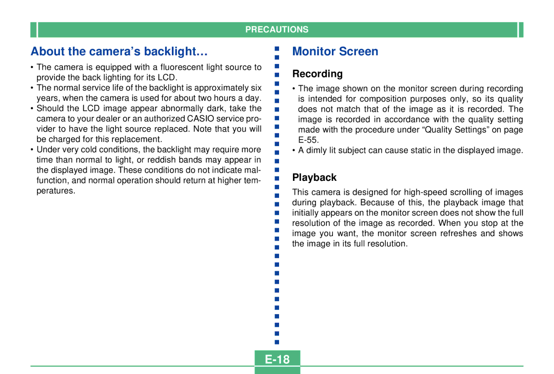 Casio QV-3000EX/Ir manual About the camera’s backlight…, Monitor Screen, Recording, Playback 