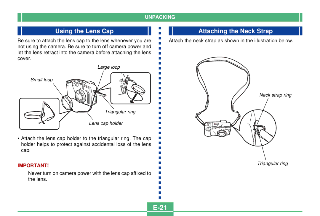 Casio QV-3000EX/Ir manual Using the Lens Cap, Attaching the Neck Strap 