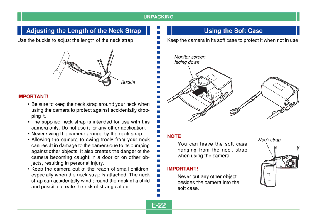 Casio QV-3000EX/Ir manual Adjusting the Length of the Neck Strap, Using the Soft Case 