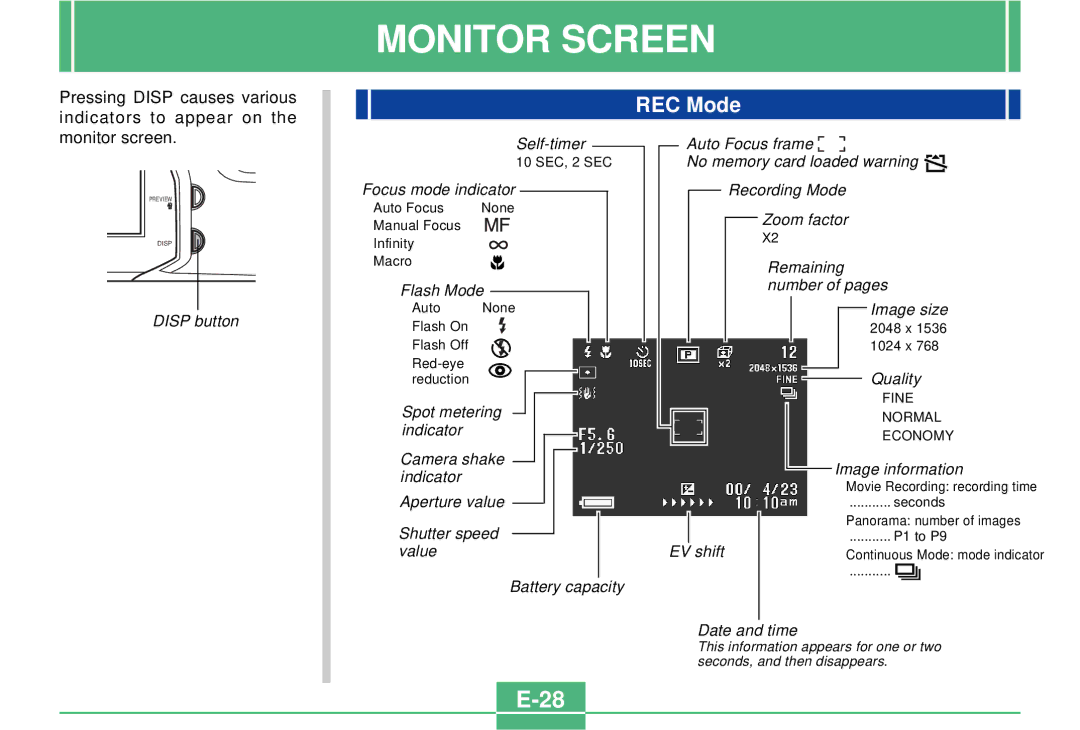 Casio QV-3000EX/Ir manual Monitor Screen, REC Mode 