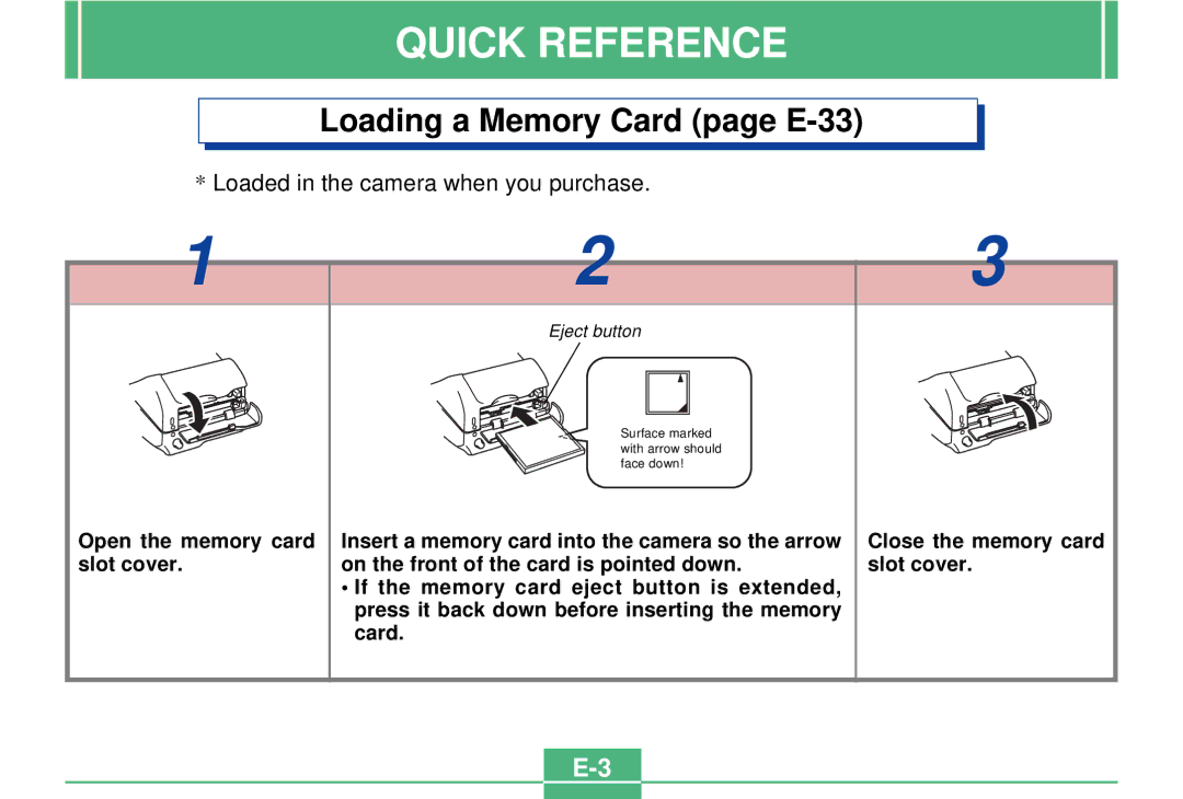 Casio QV-3000EX/Ir manual Loading a Memory Card page E-33 