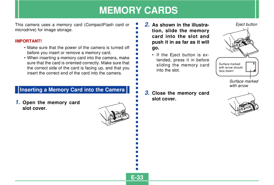 Casio QV-3000EX/Ir manual Memory Cards, Inserting a Memory Card into the Camera 