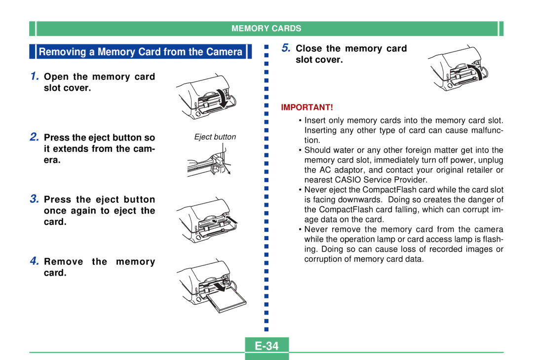 Casio QV-3000EX/Ir manual Removing a Memory Card from the Camera, Open the memory card Slot cover Press the eject button so 