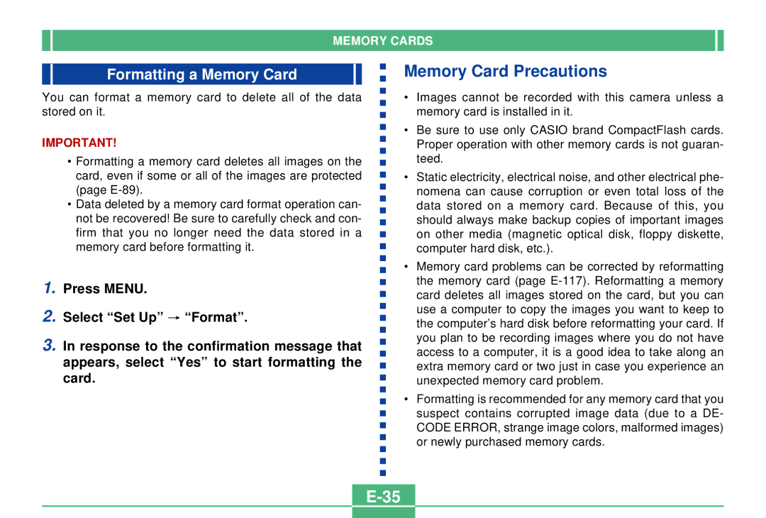 Casio QV-3000EX/Ir manual Memory Card Precautions, Formatting a Memory Card 