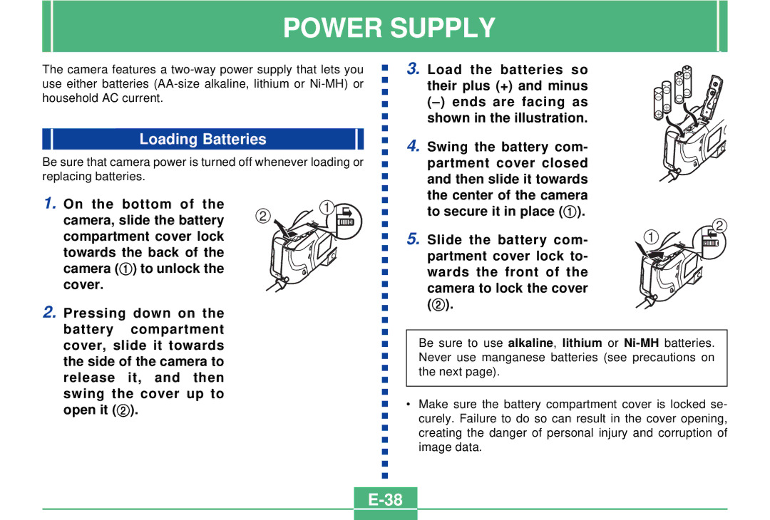 Casio QV-3000EX/Ir manual Power Supply, Loading Batteries 