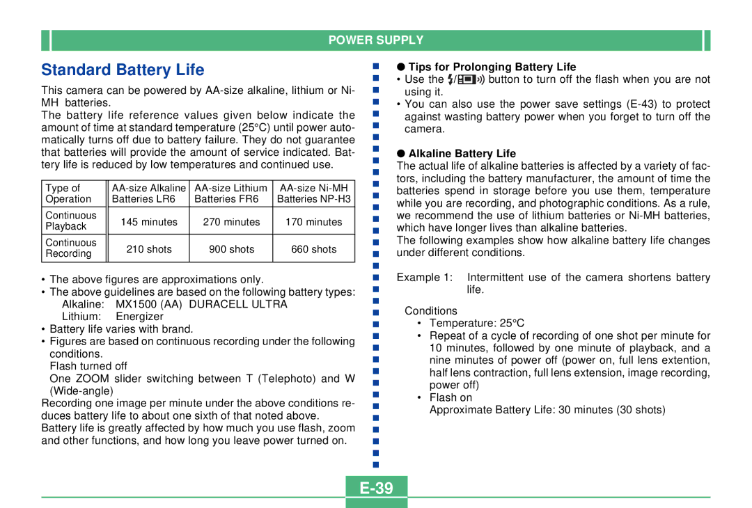 Casio QV-3000EX/Ir manual Standard Battery Life, Tips for Prolonging Battery Life 