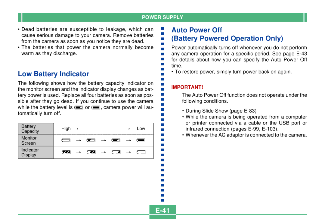 Casio QV-3000EX/Ir manual Low Battery Indicator, Auto Power Off Battery Powered Operation Only 