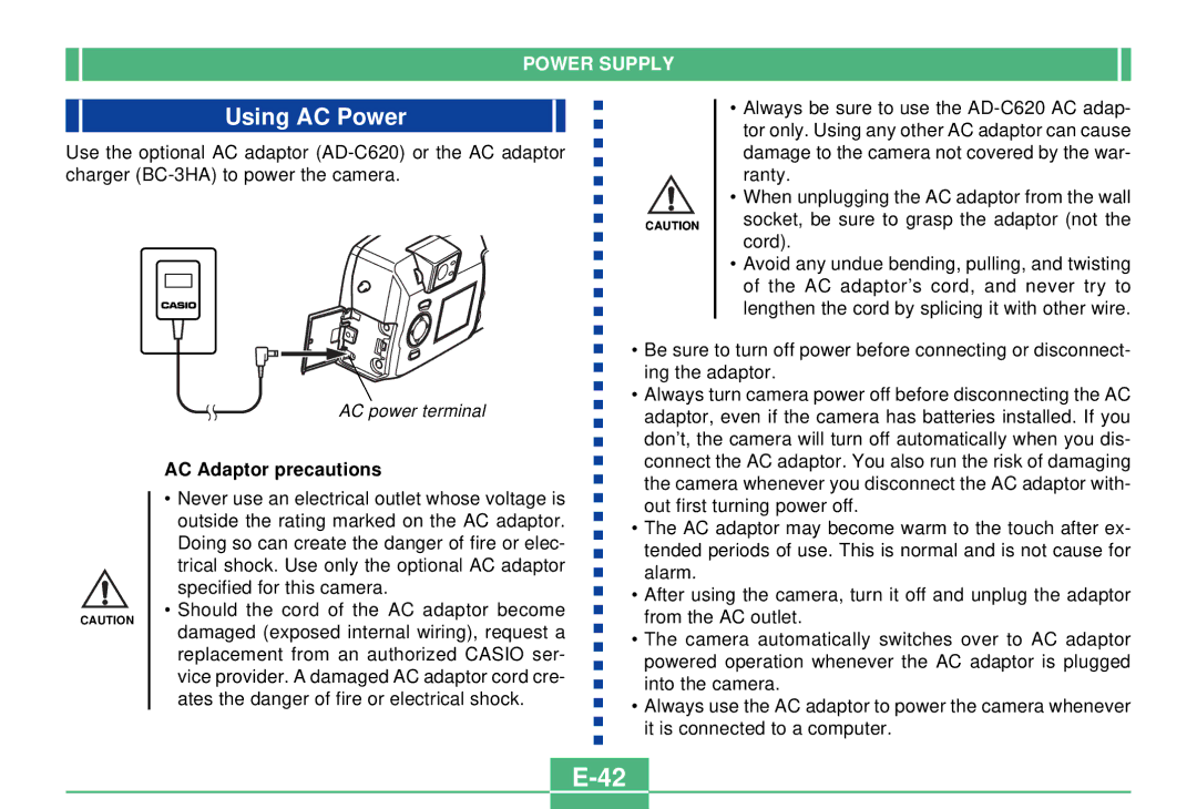 Casio QV-3000EX/Ir manual Using AC Power, AC Adaptor precautions 