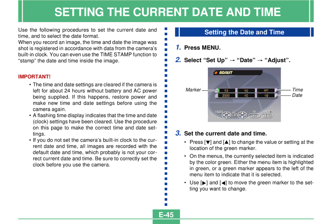 Casio QV-3000EX/Ir Setting the Current Date and Time, Setting the Date and Time, Press Menu Select Set Up Date Adjust 