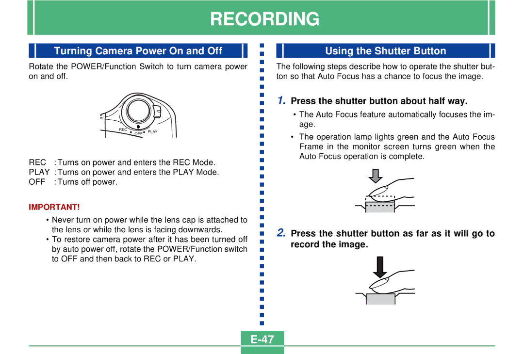 Casio QV-3000EX/Ir manual Recording, Turning Camera Power On and Off, Using the Shutter Button 