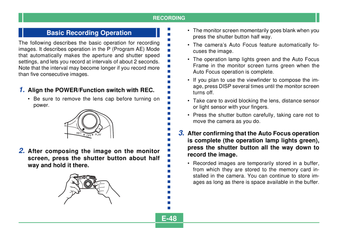 Casio QV-3000EX/Ir manual Basic Recording Operation, Align the POWER/Function switch with REC 