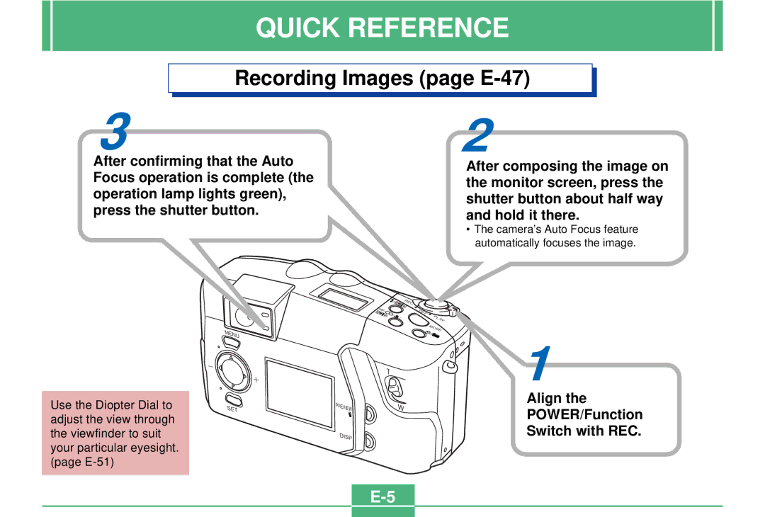 Casio QV-3000EX/Ir manual Recording Images page E-47, Align the POWER/Function Switch with REC 