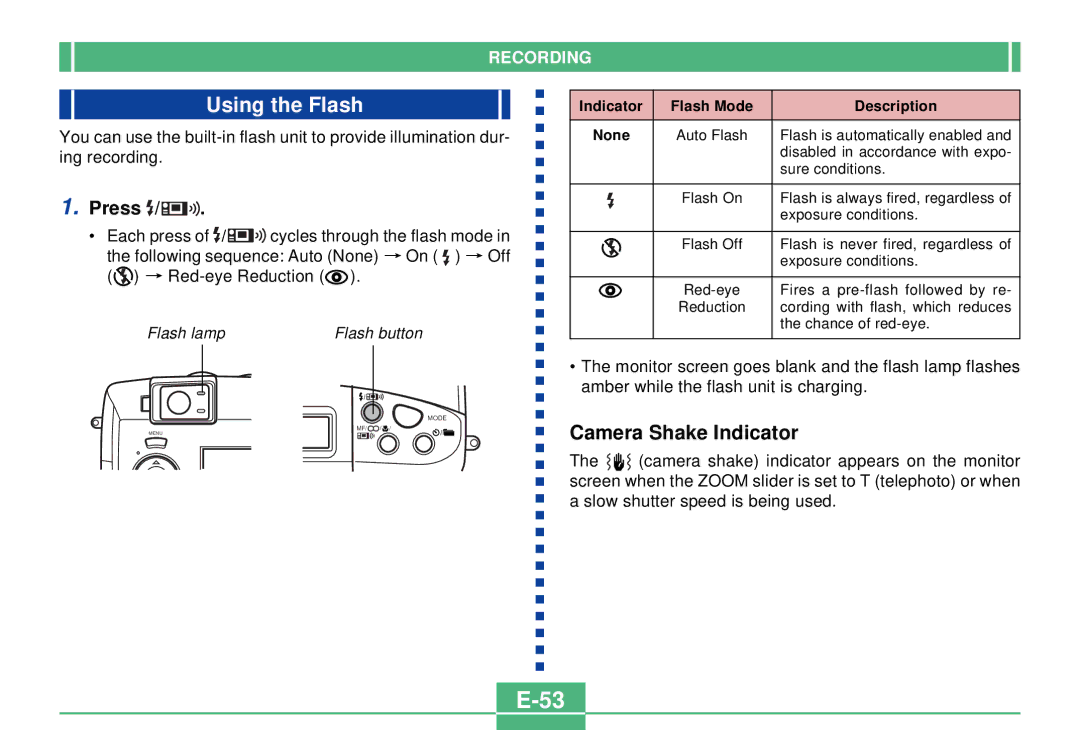 Casio QV-3000EX/Ir manual Using the Flash, Camera Shake Indicator, Press, Indicator Flash Mode Description 