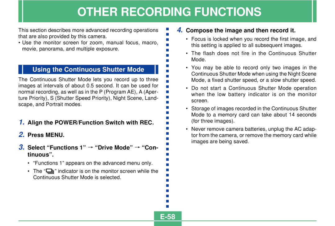 Casio QV-3000EX/Ir Other Recording Functions, Using the Continuous Shutter Mode, Compose the image and then record it 