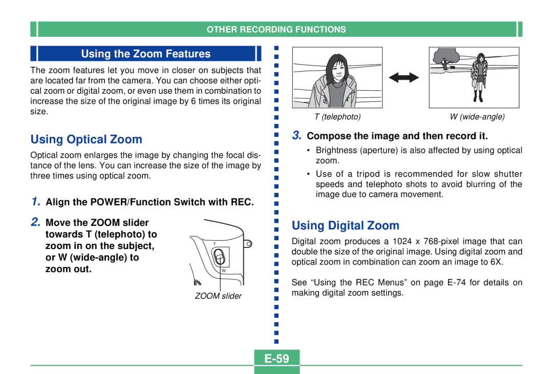 Casio QV-3000EX/Ir manual Using Optical Zoom, Using Digital Zoom, Using the Zoom Features 