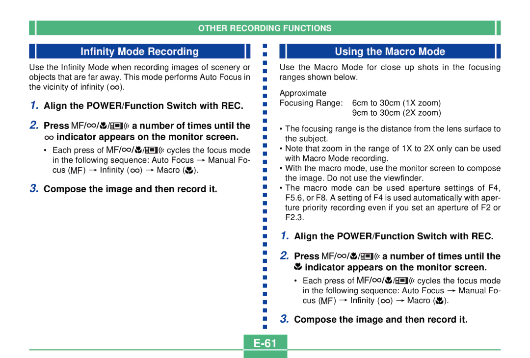 Casio QV-3000EX/Ir manual Infinity Mode Recording, Using the Macro Mode 