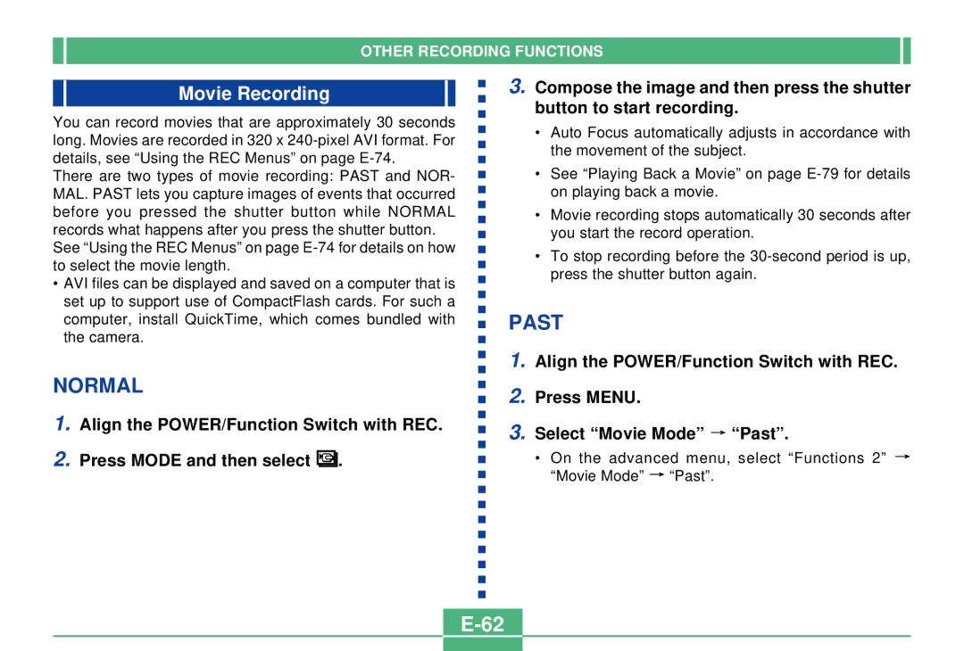 Casio QV-3000EX/Ir manual Past Normal, Movie Recording 