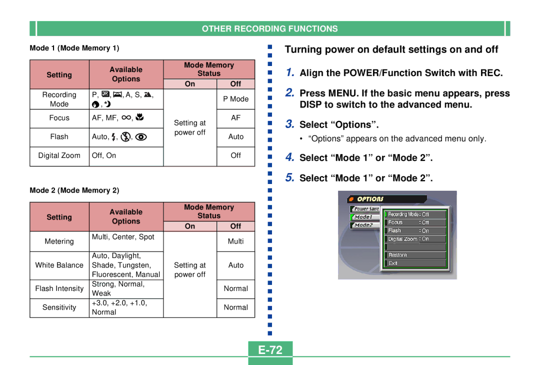 Casio QV-3000EX/Ir manual Turning power on default settings on and off, Select Mode 1 or Mode 