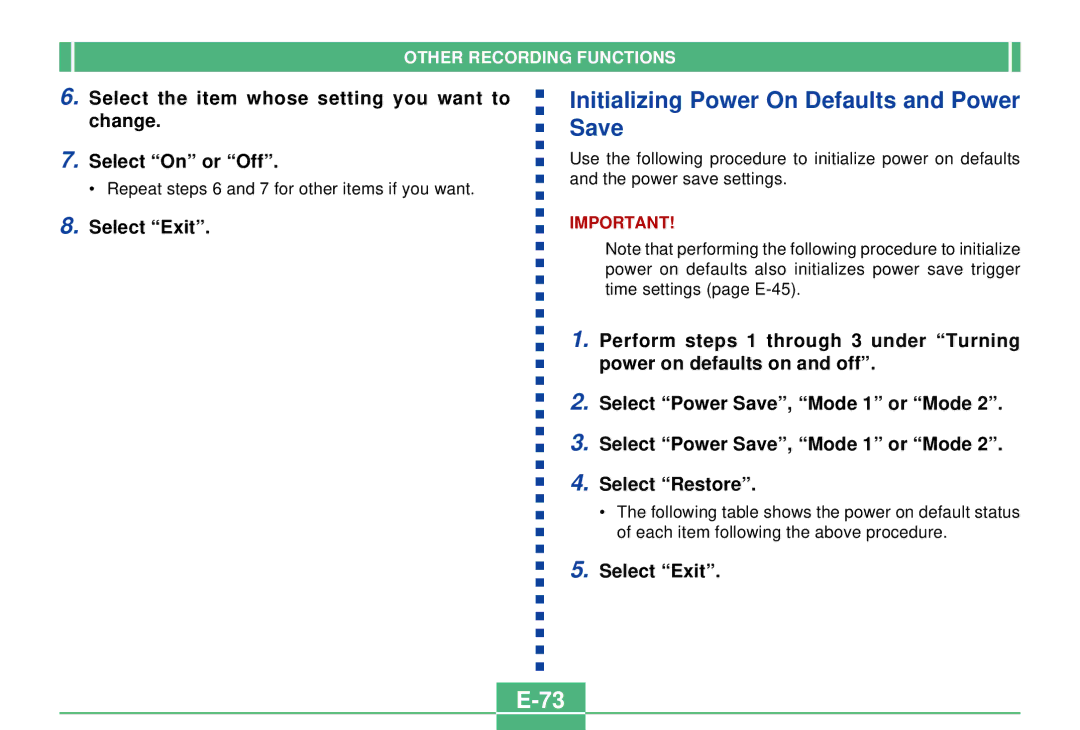 Casio QV-3000EX/Ir manual Initializing Power On Defaults and Power Save, Select Exit 