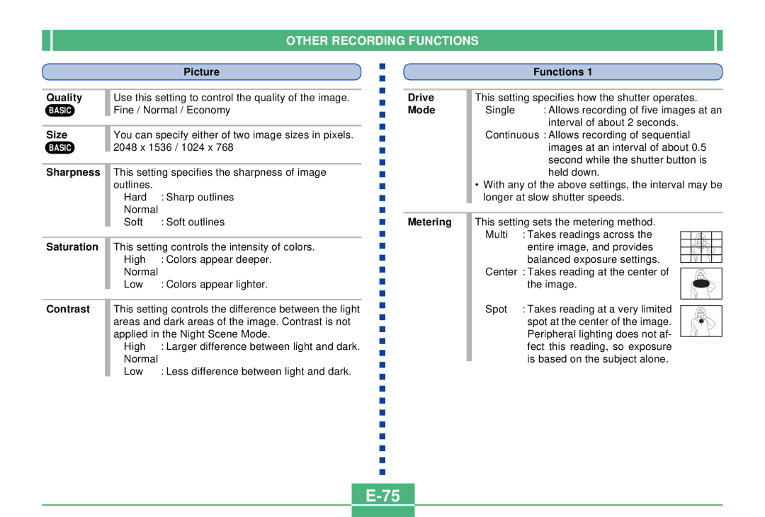 Casio QV-3000EX/Ir manual Picture, Quality, Size, Drive, Mode, Sharpness, Metering, Contrast 