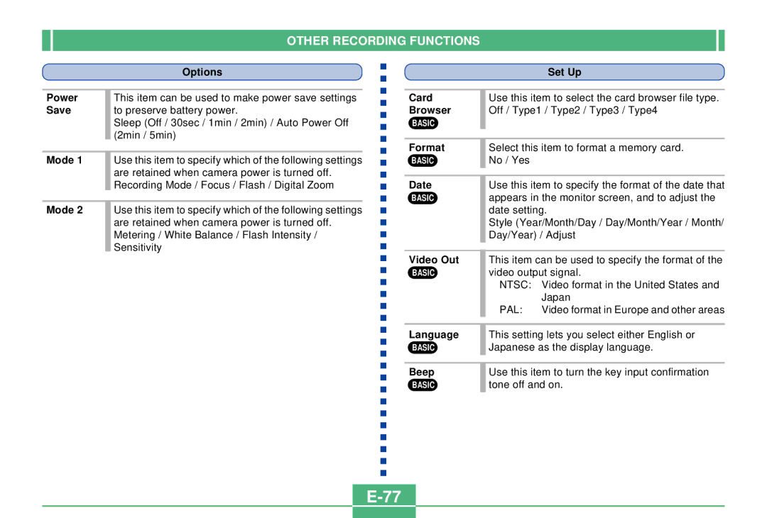 Casio QV-3000EX/Ir manual Options Set Up Power, Save, Card, Browser, Format, Date, Video Out, Language, Beep 