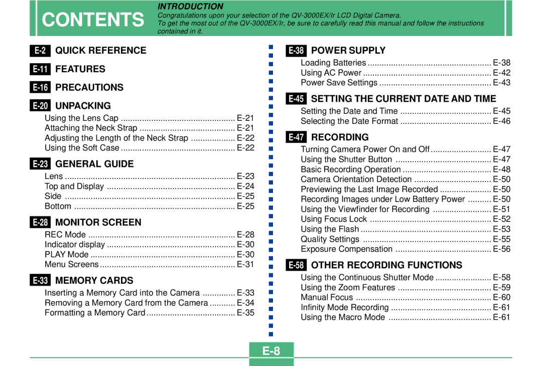 Casio QV-3000EX/Ir manual Contents 