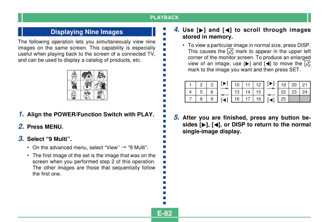 Casio QV-3000EX/Ir manual Displaying Nine Images, Use E and F to scroll through images stored in memory 