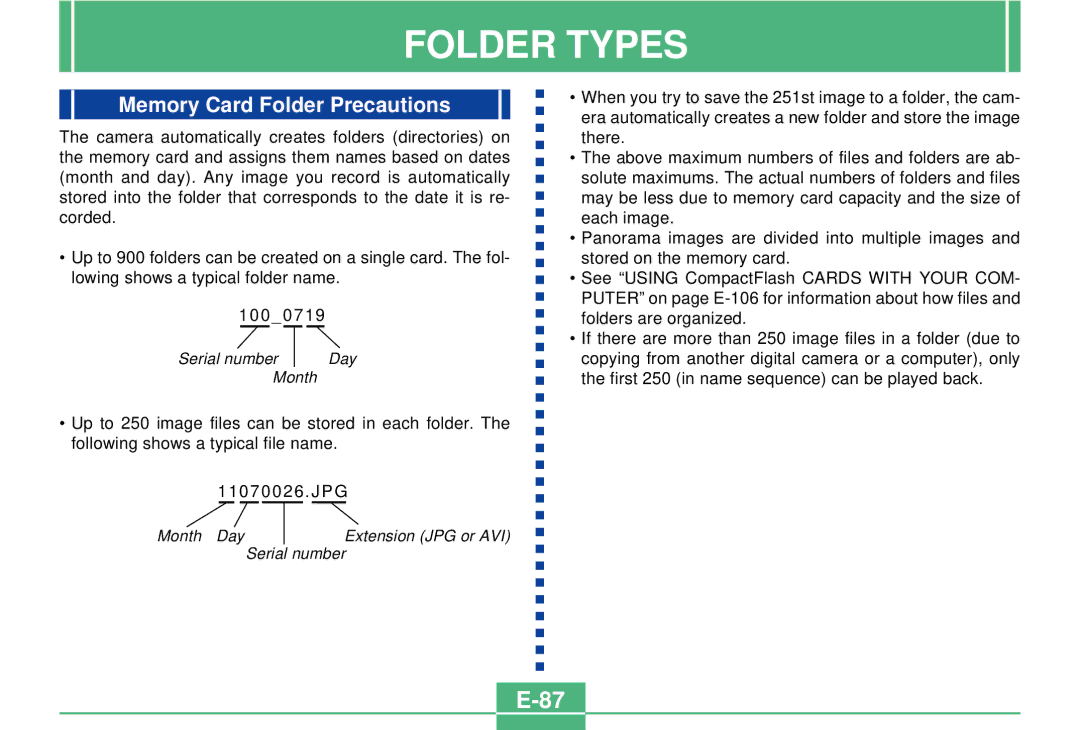 Casio QV-3000EX/Ir manual Folder Types, Memory Card Folder Precautions 