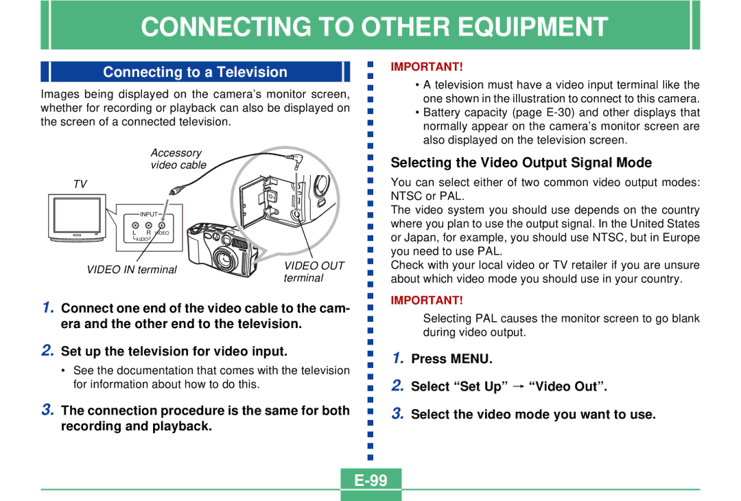 Casio QV-3000EX/Ir manual Connecting to Other Equipment, Connecting to a Television, Selecting the Video Output Signal Mode 