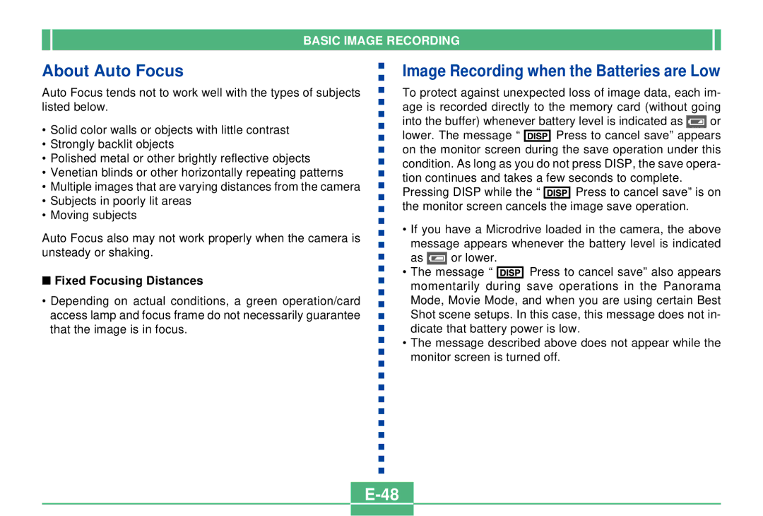 Casio QV-4000 manual About Auto Focus, Image Recording when the Batteries are Low, Fixed Focusing Distances 