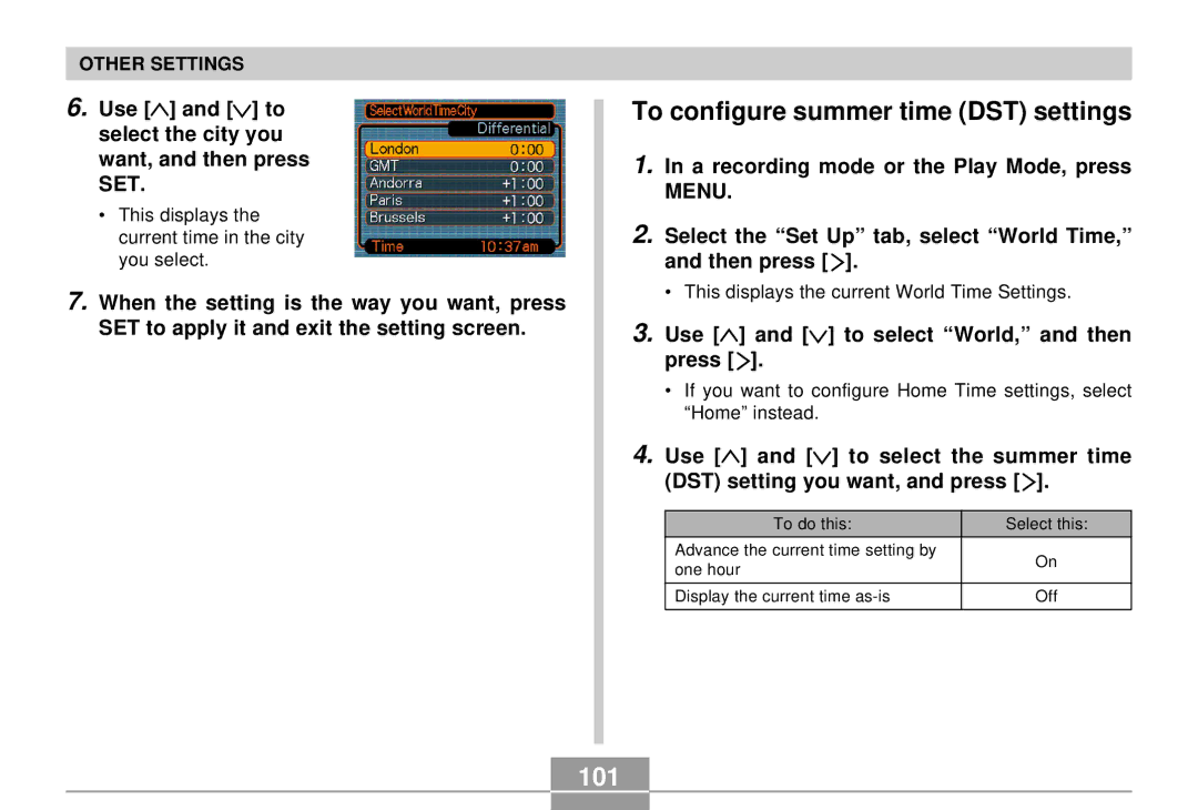 Casio QV-R4 manual To configure summer time DST settings, 101, Use and to select the city you want, and then press SET 