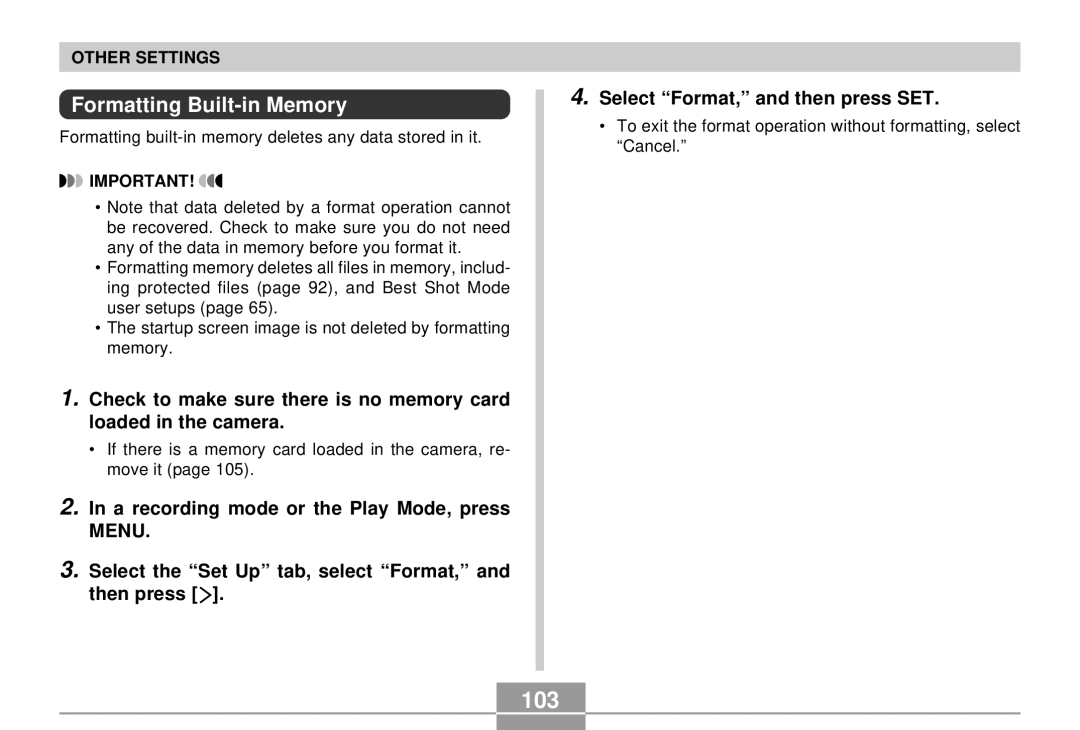 Casio QV-R4 manual 103, Formatting Built-in Memory 