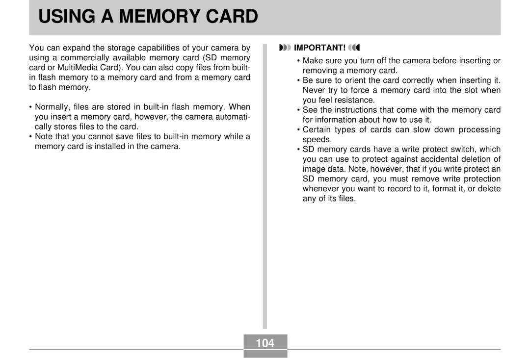 Casio QV-R4 manual Using a Memory Card, 104 