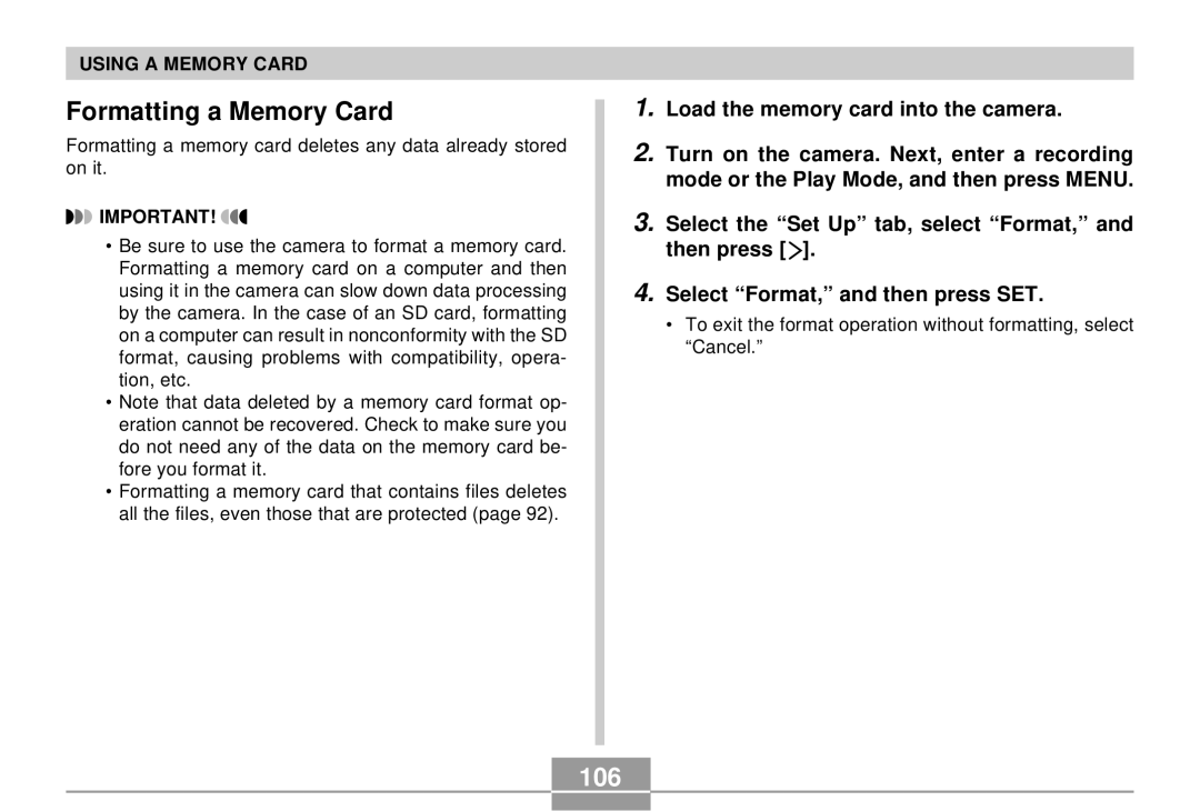 Casio QV-R4 manual Formatting a Memory Card, 106 