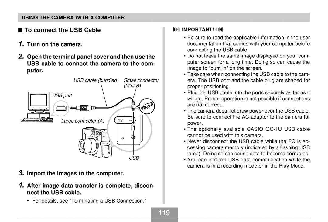 Casio QV-R4 manual 119, To connect the USB Cable 