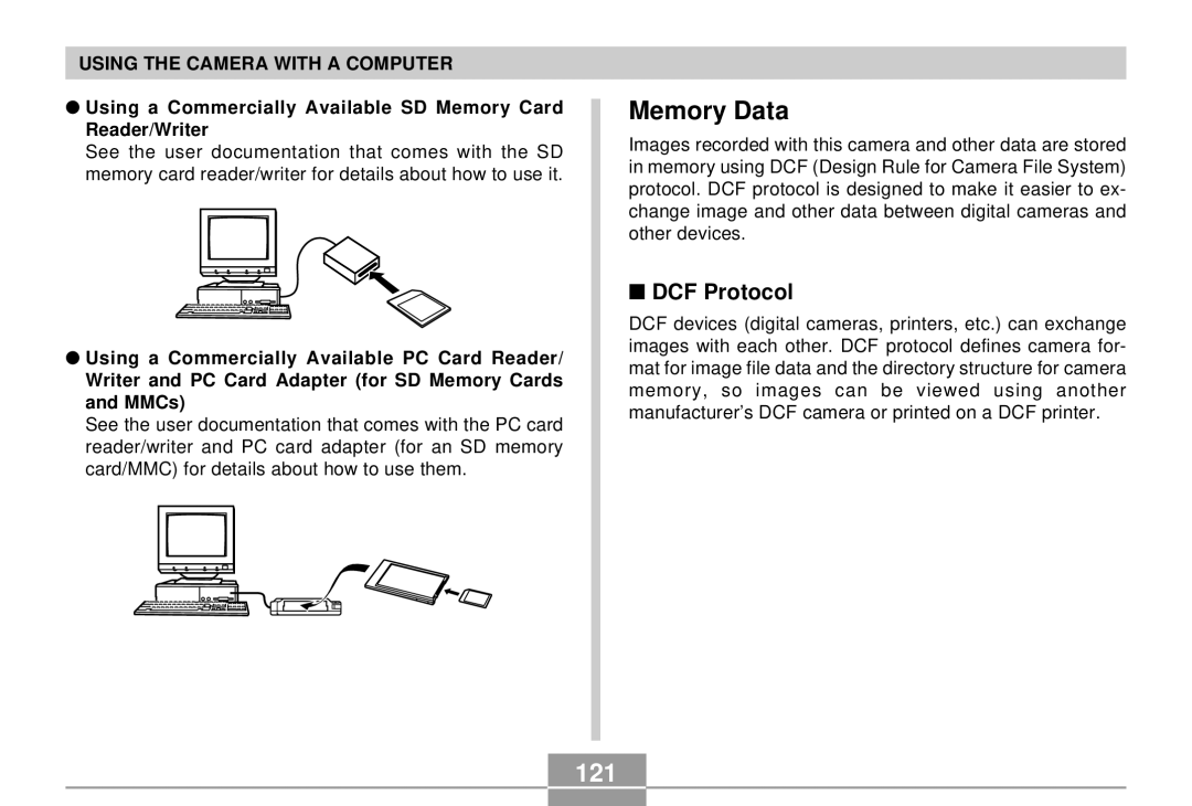 Casio QV-R4 manual Memory Data, 121, DCF Protocol, Using a Commercially Available SD Memory Card Reader/Writer 