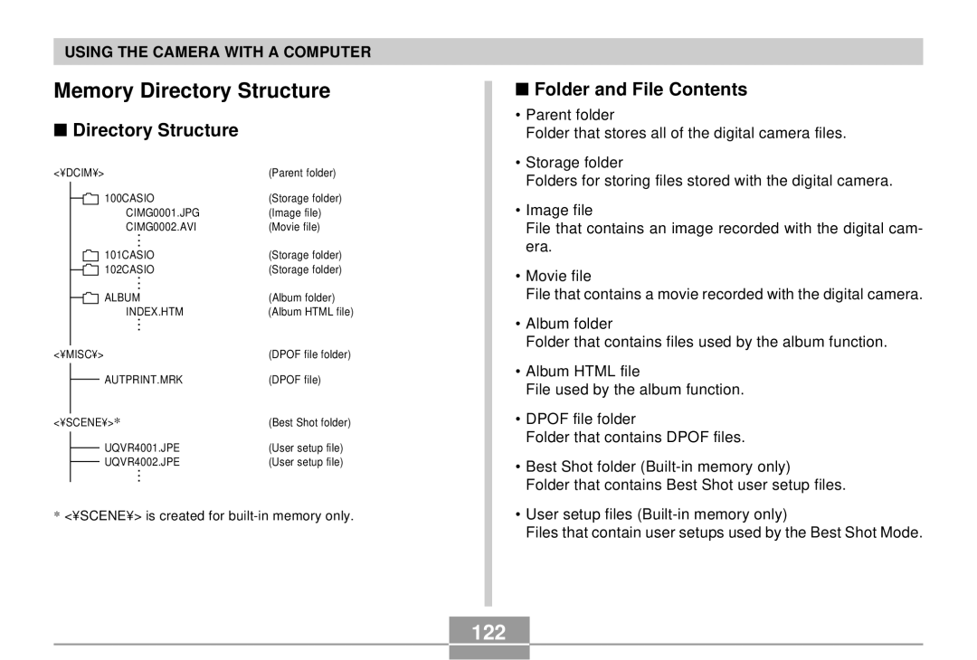 Casio QV-R4 manual Memory Directory Structure, 122, Folder and File Contents 