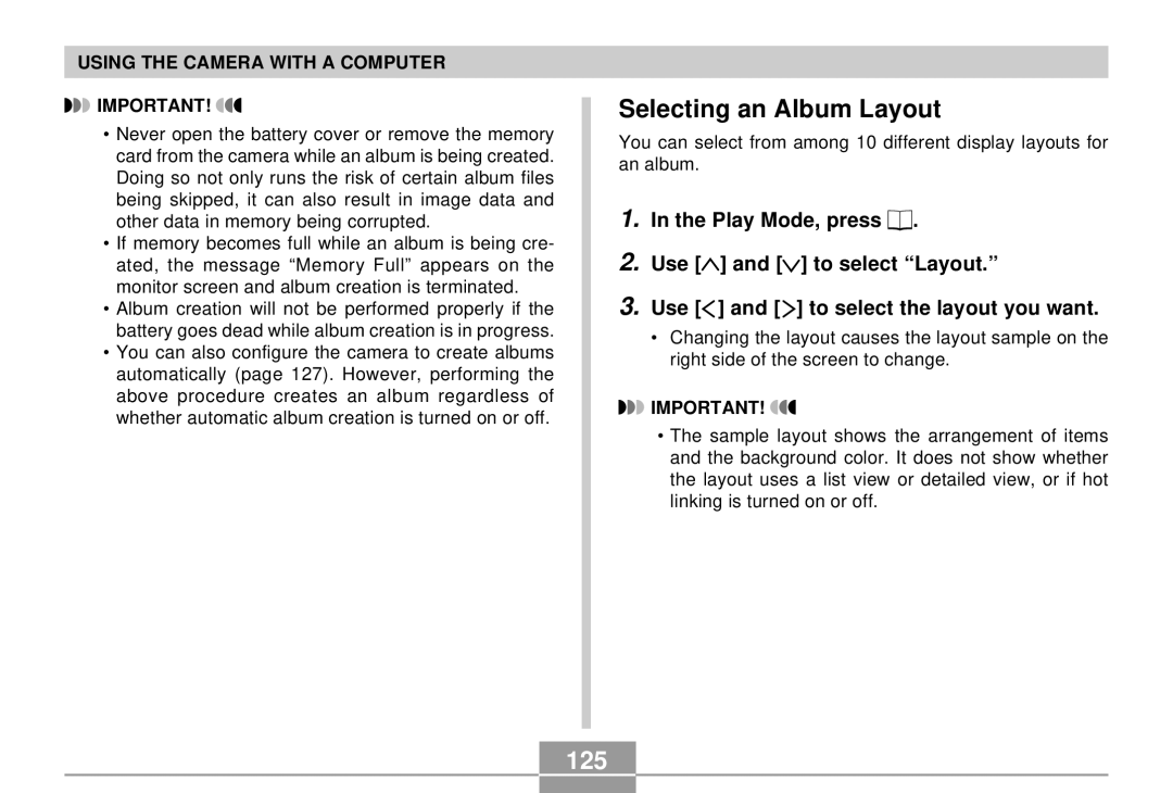 Casio QV-R4 manual Selecting an Album Layout, 125 