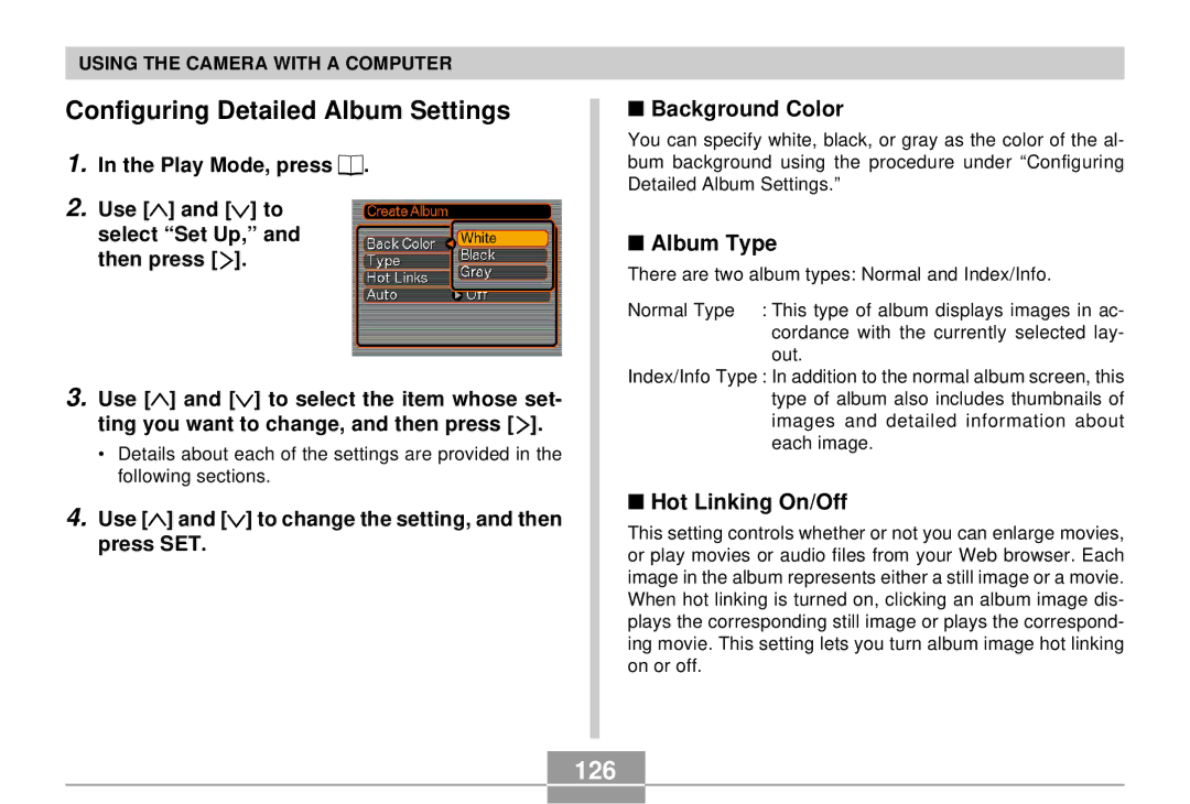 Casio QV-R4 manual Configuring Detailed Album Settings, 126, Background Color, Album Type, Hot Linking On/Off 