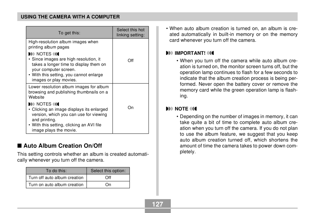 Casio QV-R4 manual 127, Auto Album Creation On/Off 